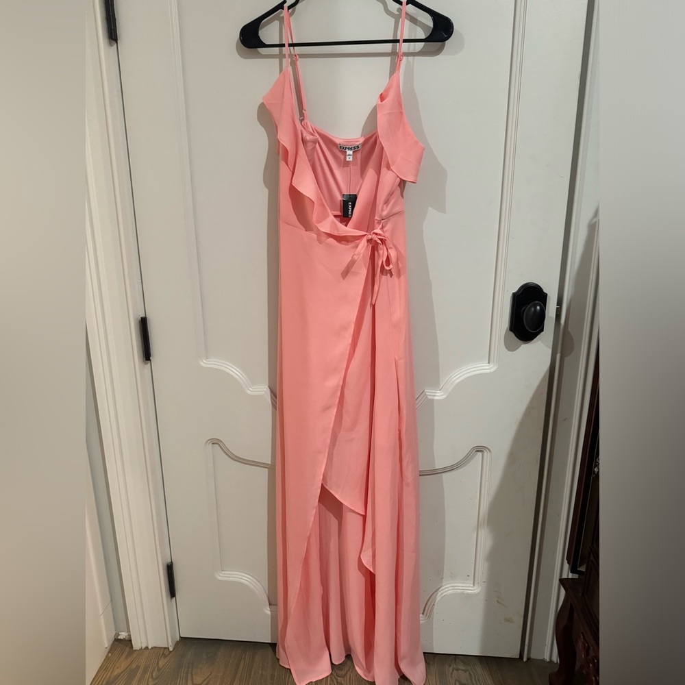 NWT EXPRESS Pink Ruffle Flounce Neckline Wrap Maxi Dress
